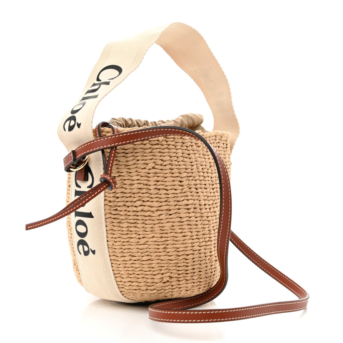 Raffia Calfskin Small Woody Basket Bag Brown