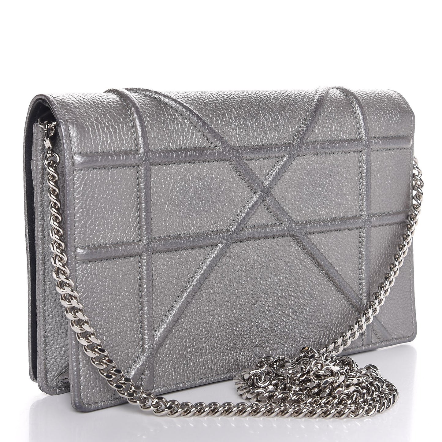 Metallic Grained Calfskin Diorama Wallet on Chain Pouch Silver