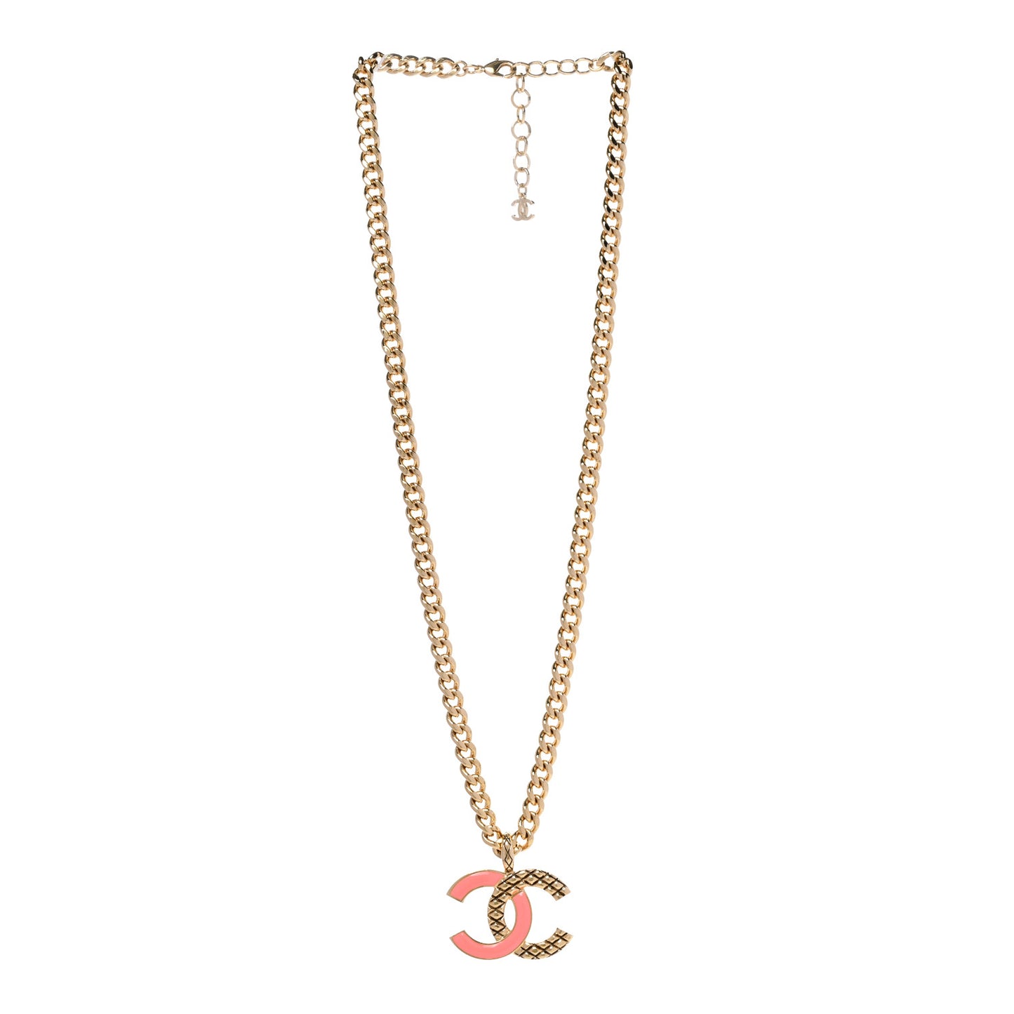 Metal Enamel Quilted CC Chain Necklace Pendant Gold Pink