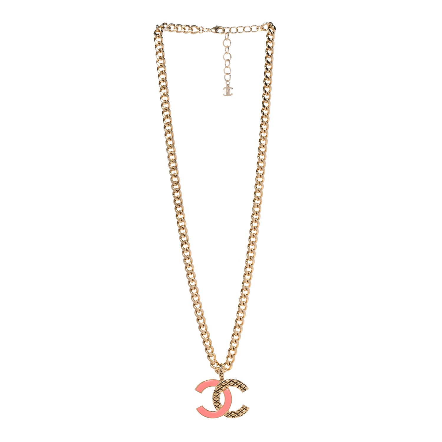 Chanel Metal Enamel Quilted CC Chain Necklace Pendant Gold Pink 3 of 6