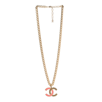 Chanel Metal Enamel Quilted CC Chain Necklace Pendant Gold Pink 3 of 6