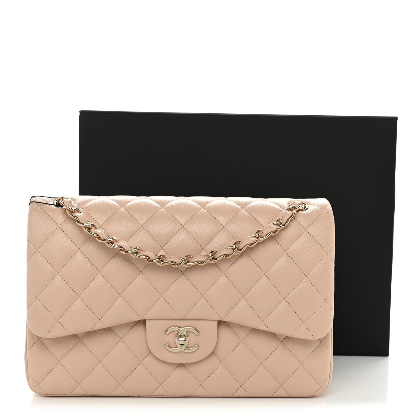 Caviar Quilted Jumbo Double Flap Light Beige