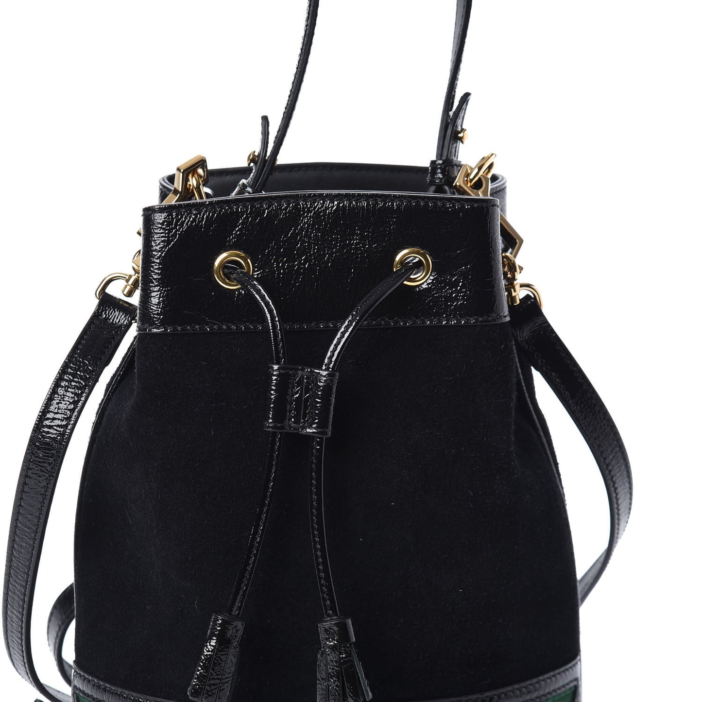 Suede Patent Web Small Ophidia Bucket Bag Black