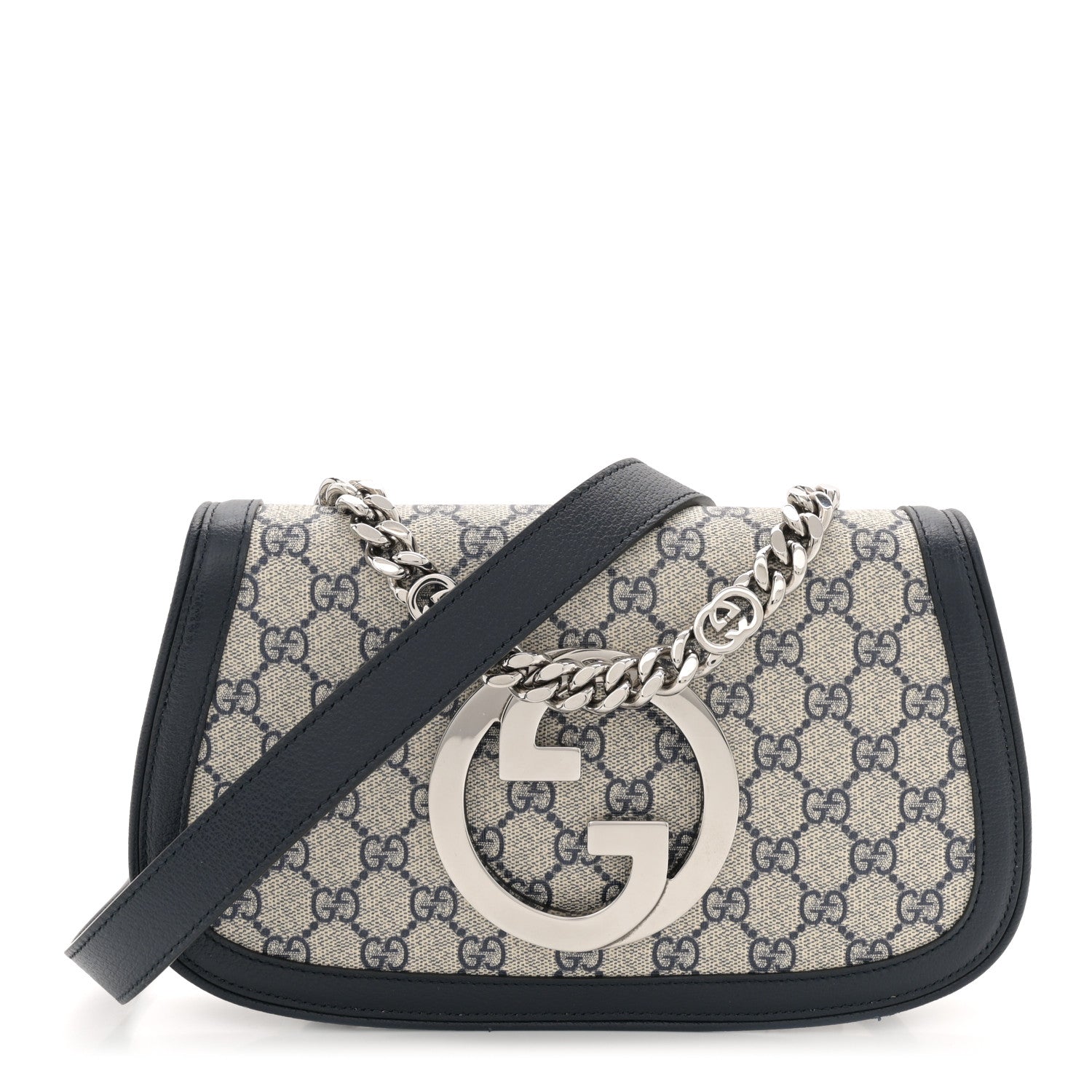 Gucci GG Supreme Monogram Textured Dollar Calfskin Blondie Chain Shoulder Flap Bag Beige Blue 1 of 12