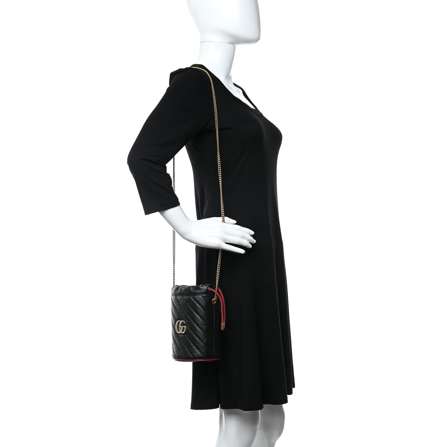 Gucci Vintage Effect Calfskin Matelasse Diagonal Mini Torchon GG Marmont 2.0 Bucket Bag Black Romantic Cherry 2 of 9