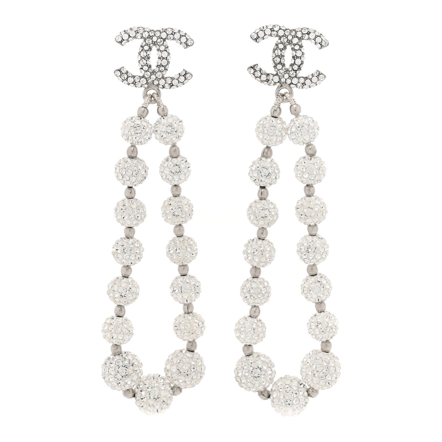 Chanel Crystal CC Ball Drop Earrings Silver 1 of 5