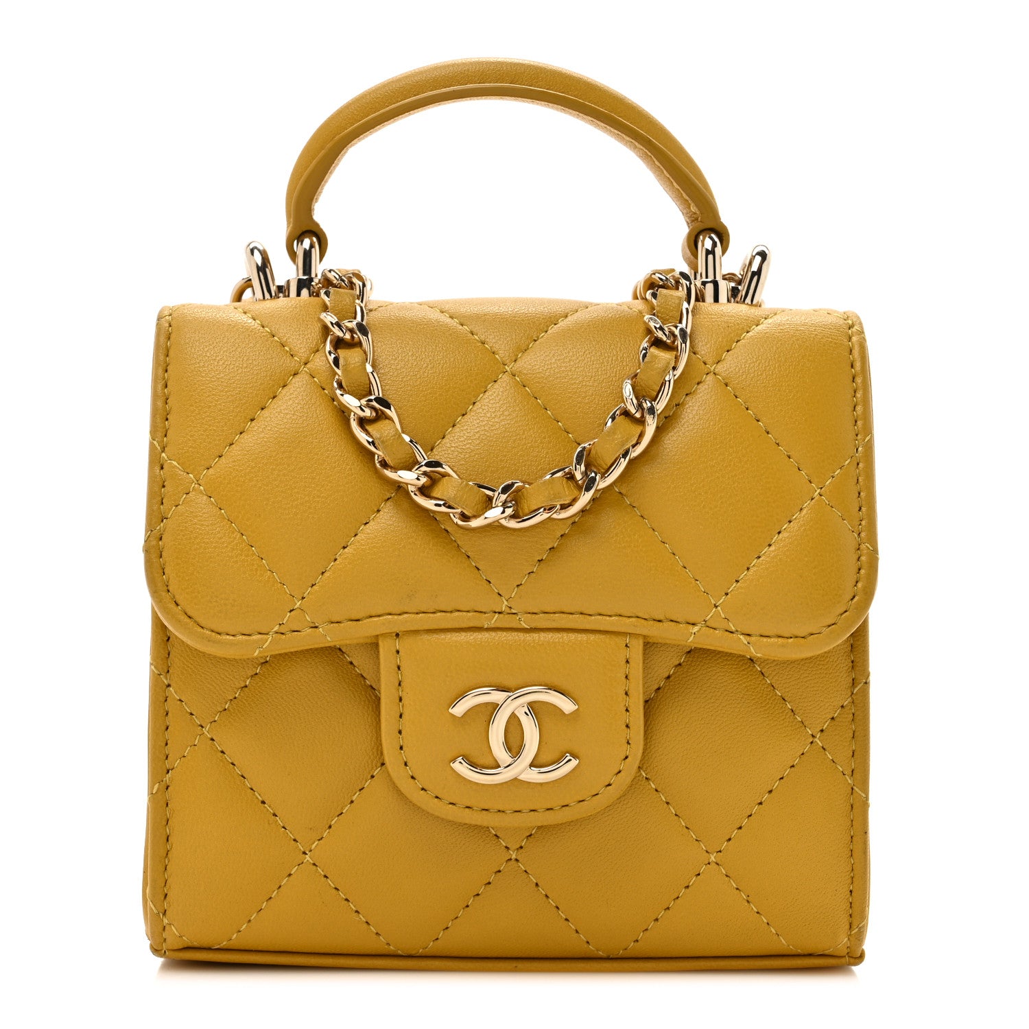 Chanel Lambskin Quilted Top Handle Flap Clutch With Chain Yellow 1 of 17