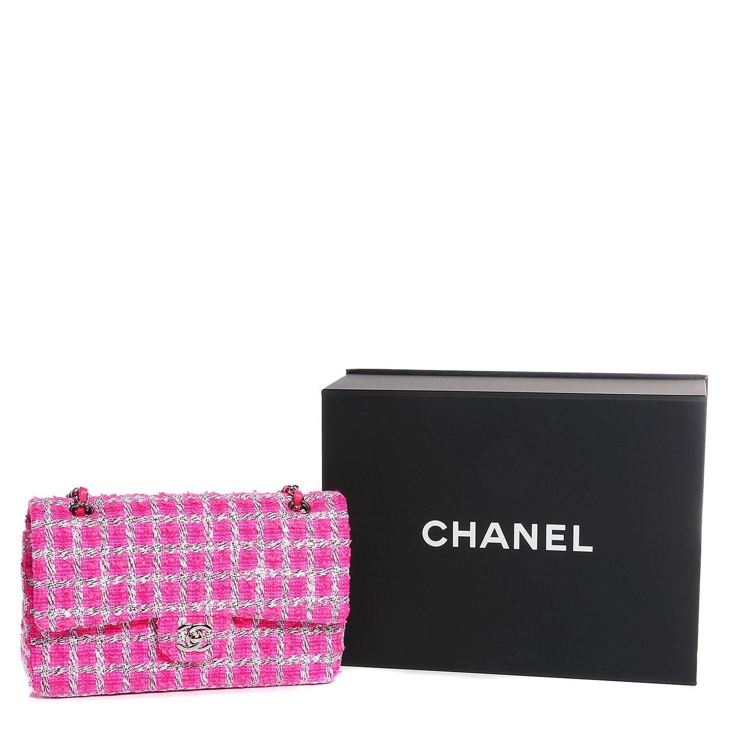 Tweed Medium Double Flap Fuchsia White