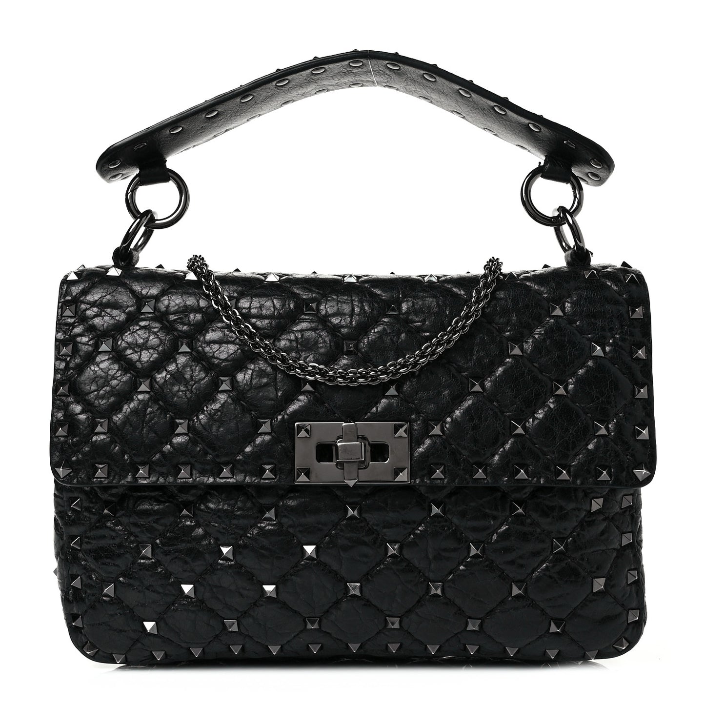 Craquele Nappa Medium Rockstud Spike Shoulder Bag Black
