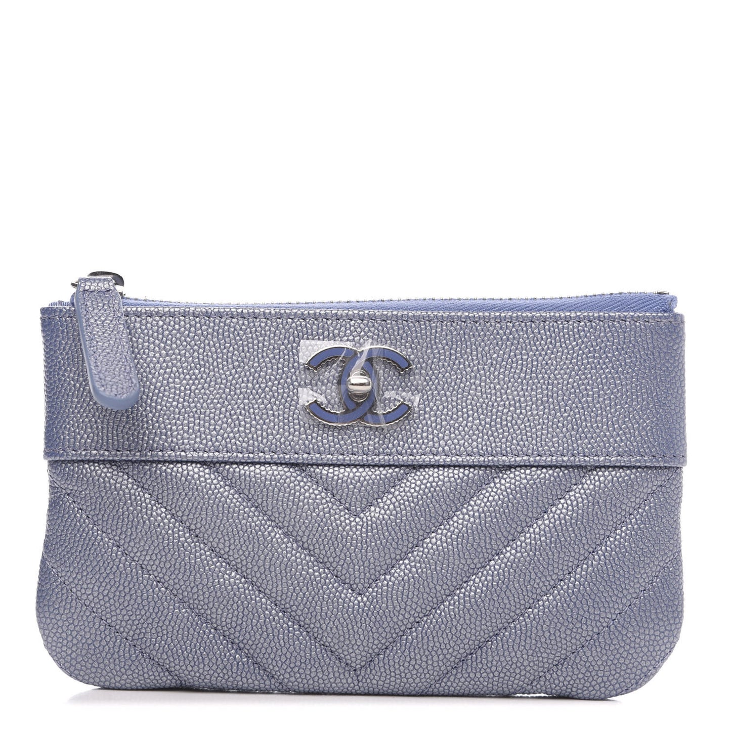 Metallic Caviar Chevron Quilted Small Vintage Mademoiselle Cosmetic Case Blue