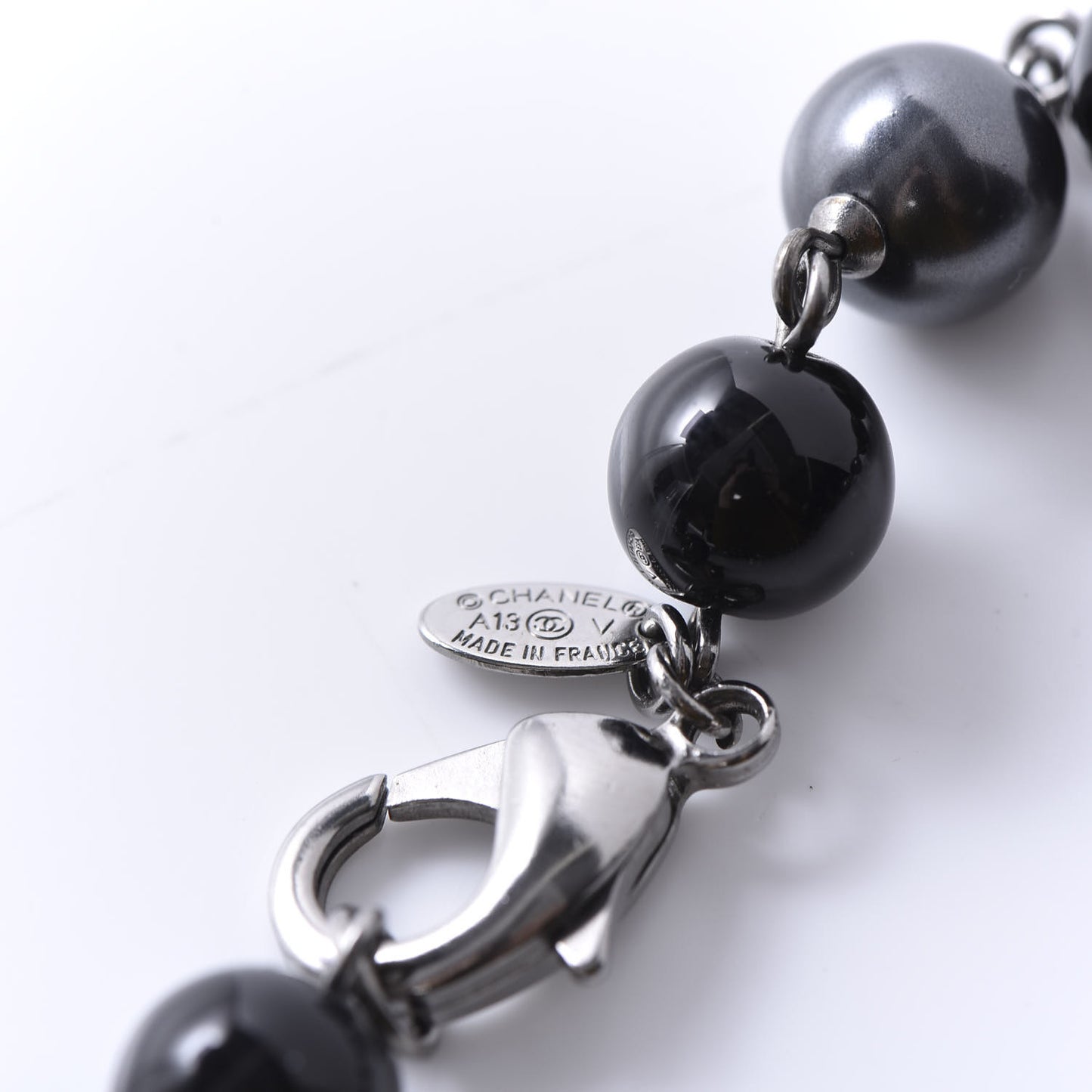 Pearl Beaded CC Long Necklace Silver Black