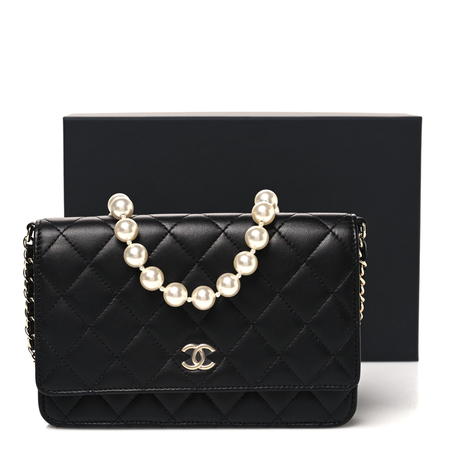 Chanel Lambskin Quilted Pearl Wallet On Chain WOC Black 12 of 12