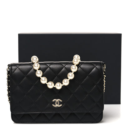 Chanel Lambskin Quilted Pearl Wallet On Chain WOC Black 12 of 12