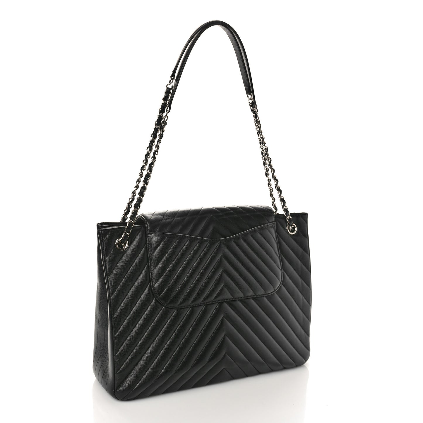 Caviar Chevron Quilted Flap Tote Black