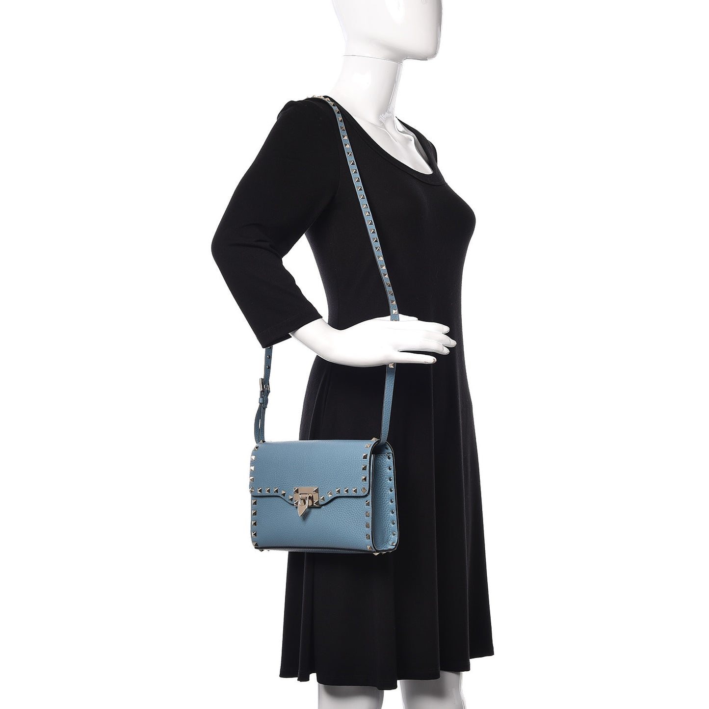 Pebbled Calfskin Medium Rockstud Flip Lock Crossbody Bag Light Blue