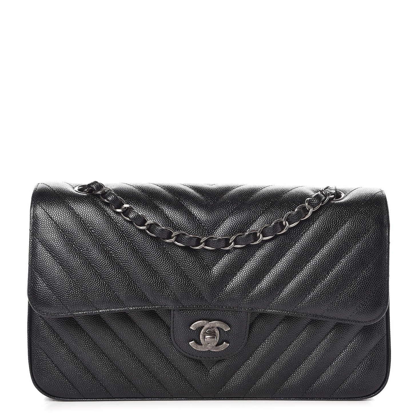 Caviar Chevron Quilted Medium Double Flap Black