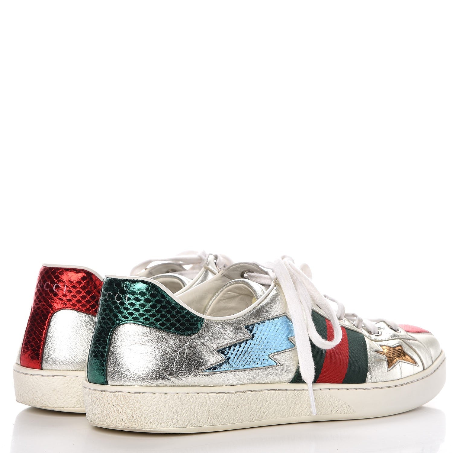 Gucci Metallic Nappa Ayers Web Lightning Bolt Embroidered Mens Ace Sneakers 9 Silver 4 of 15