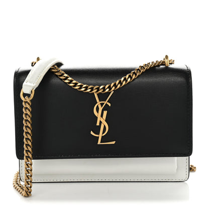 Saint Laurent New Aspen Calfskin Bi-Color Monogram Sunset Chain Wallet  Black Dirty White 1 of 13