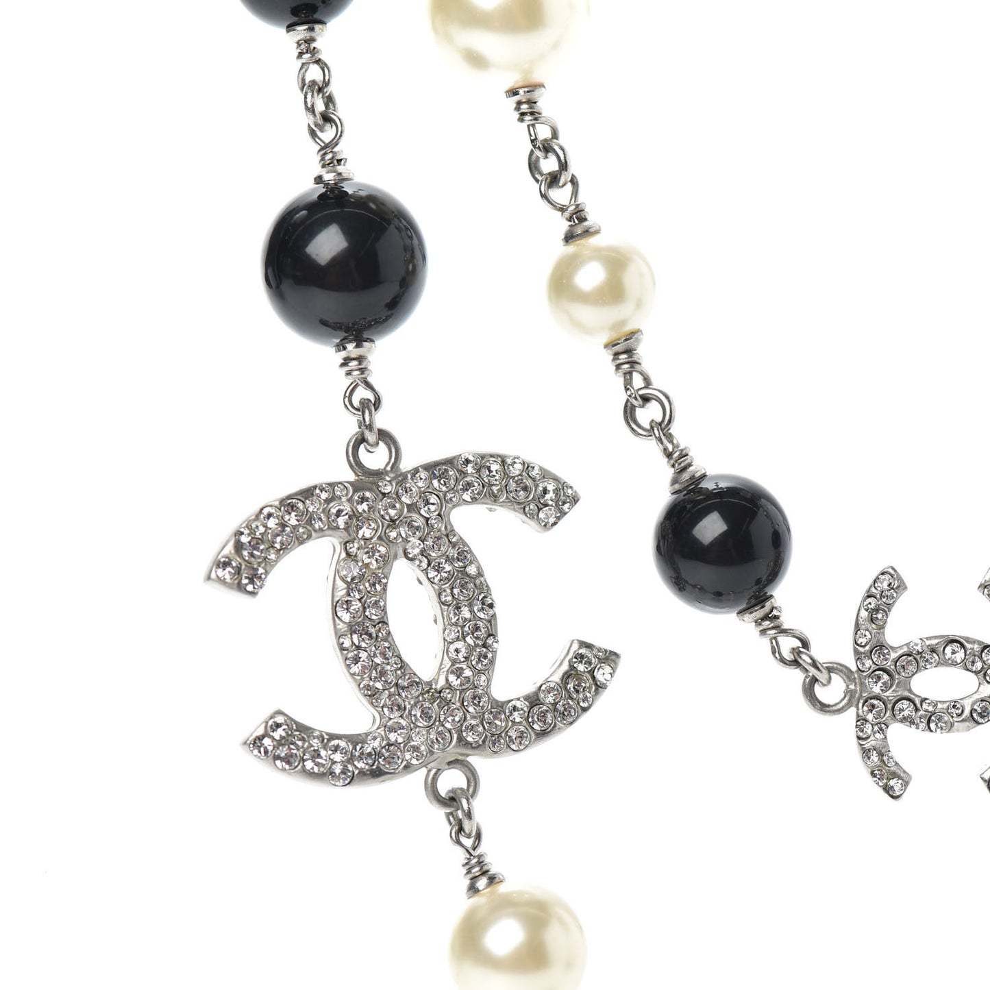 Pearl Crystal Bead CC Long Necklace Black Silver