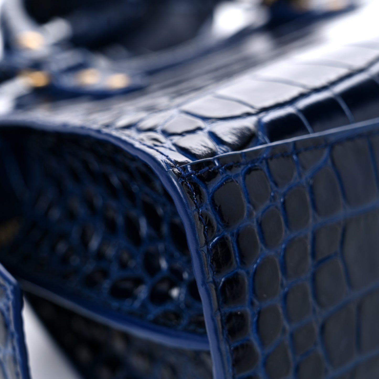 Shiny Supple Calfskin Crocodile Embossed Neo Classic Gold Hardware Mini City Navy