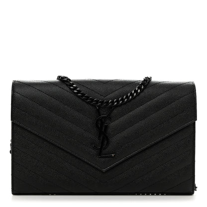 Saint Laurent Grain De Poudre Matelasse Chevron Monogram Monochrome Chain Wallet Black 1 of 10