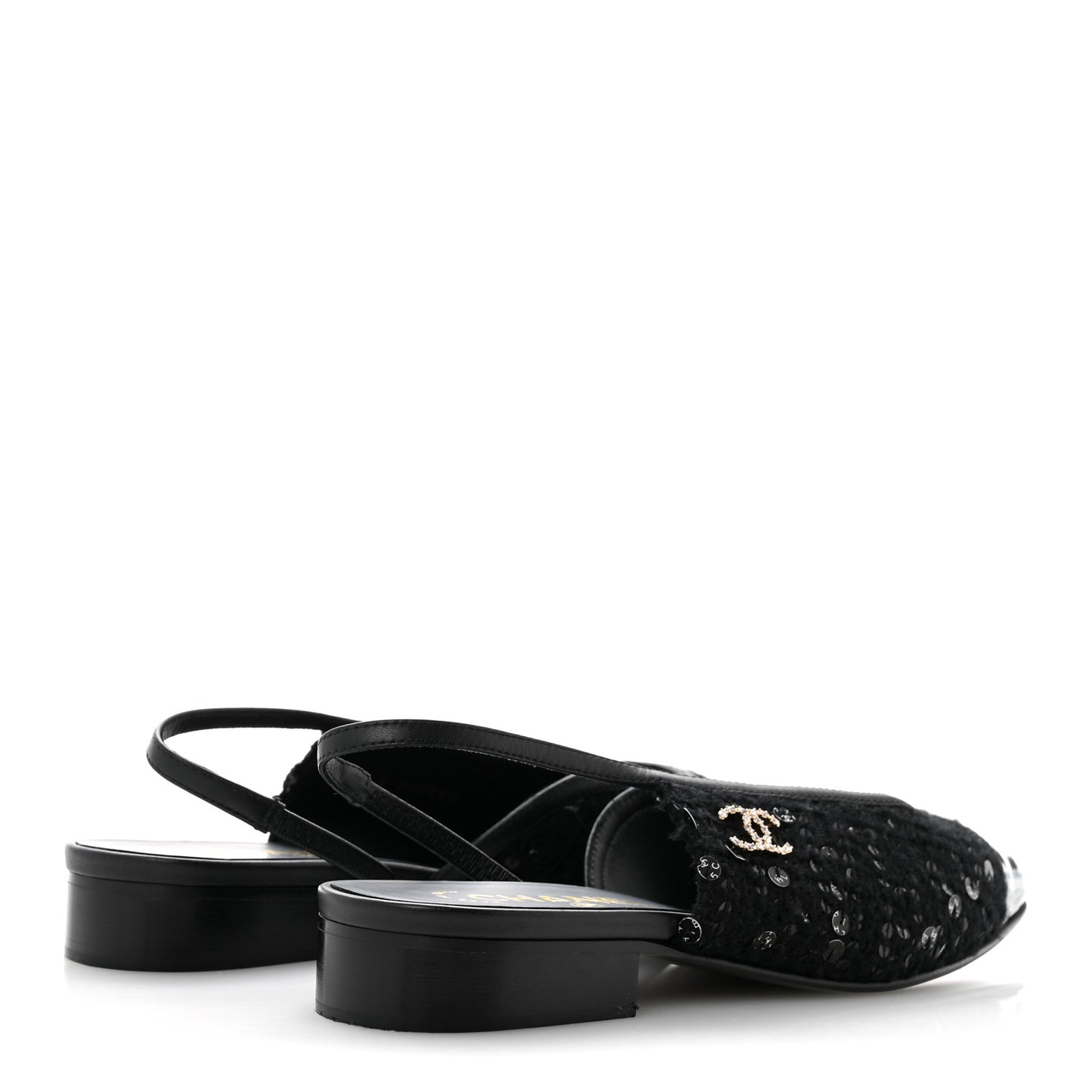 Glittered Wool Tweed Patent Calfskin Cap Toe CC Slingback Flats 37.5 Black