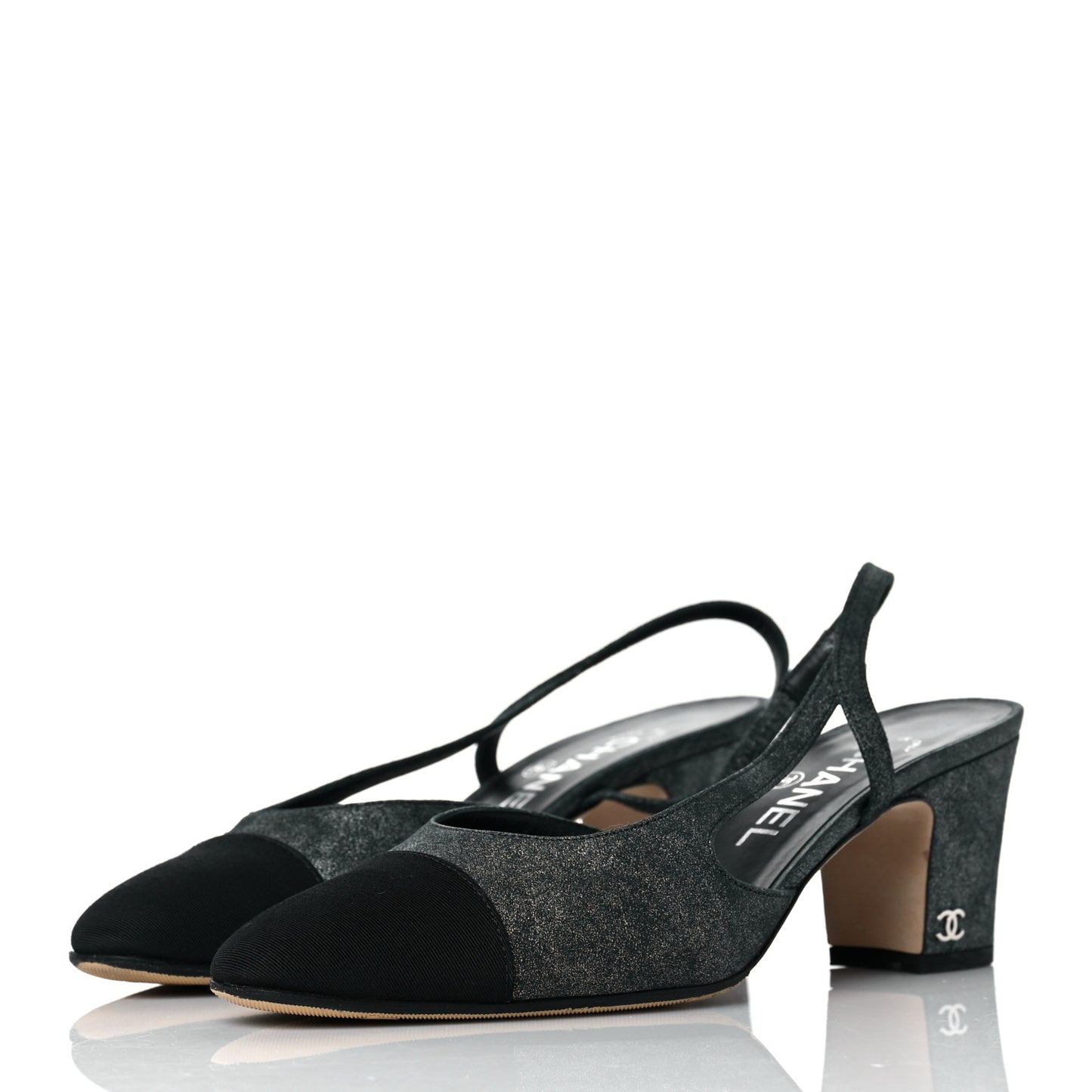 Lambskin Grosgrain Cap Toe CC Slingback Sandals 37 Black Silver