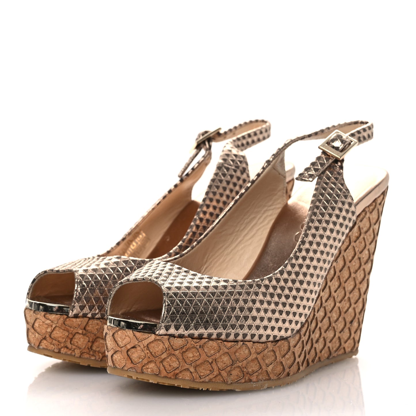 Metallic Embossed Calfskin Pacific 120mm Peep-Toe Cork Wedge Sandal 36 Gold