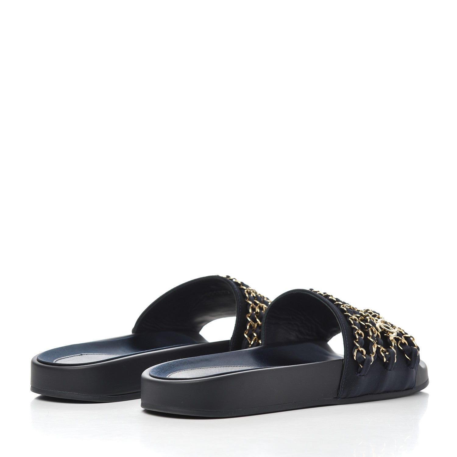 Chanel Satin Canvas Chain Slides Sandals Flats 38 Marine 4 of 13