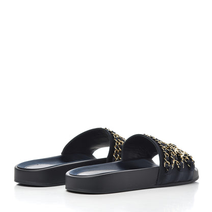 Chanel Satin Canvas Chain Slides Sandals Flats 38 Marine 4 of 13