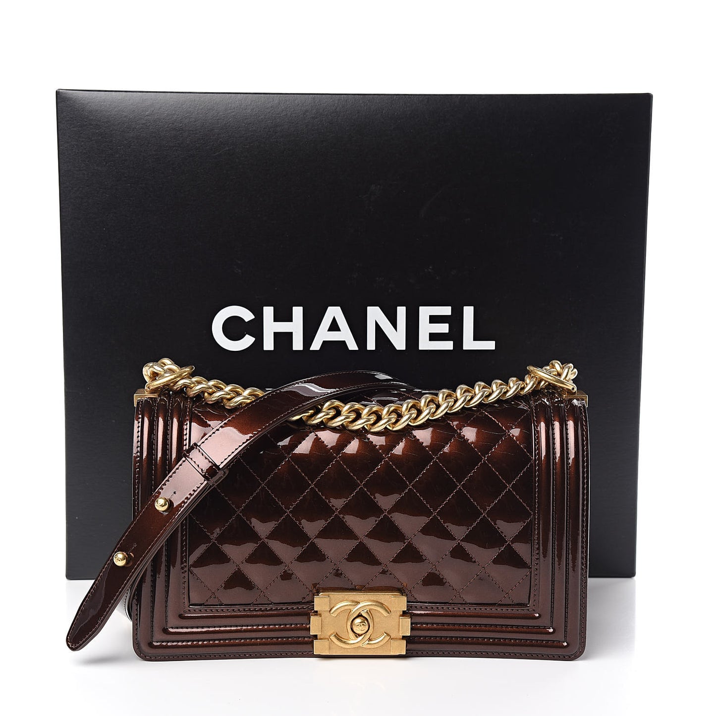 Metallic Patent Calfskin Quilted Medium Boy Flap Brown