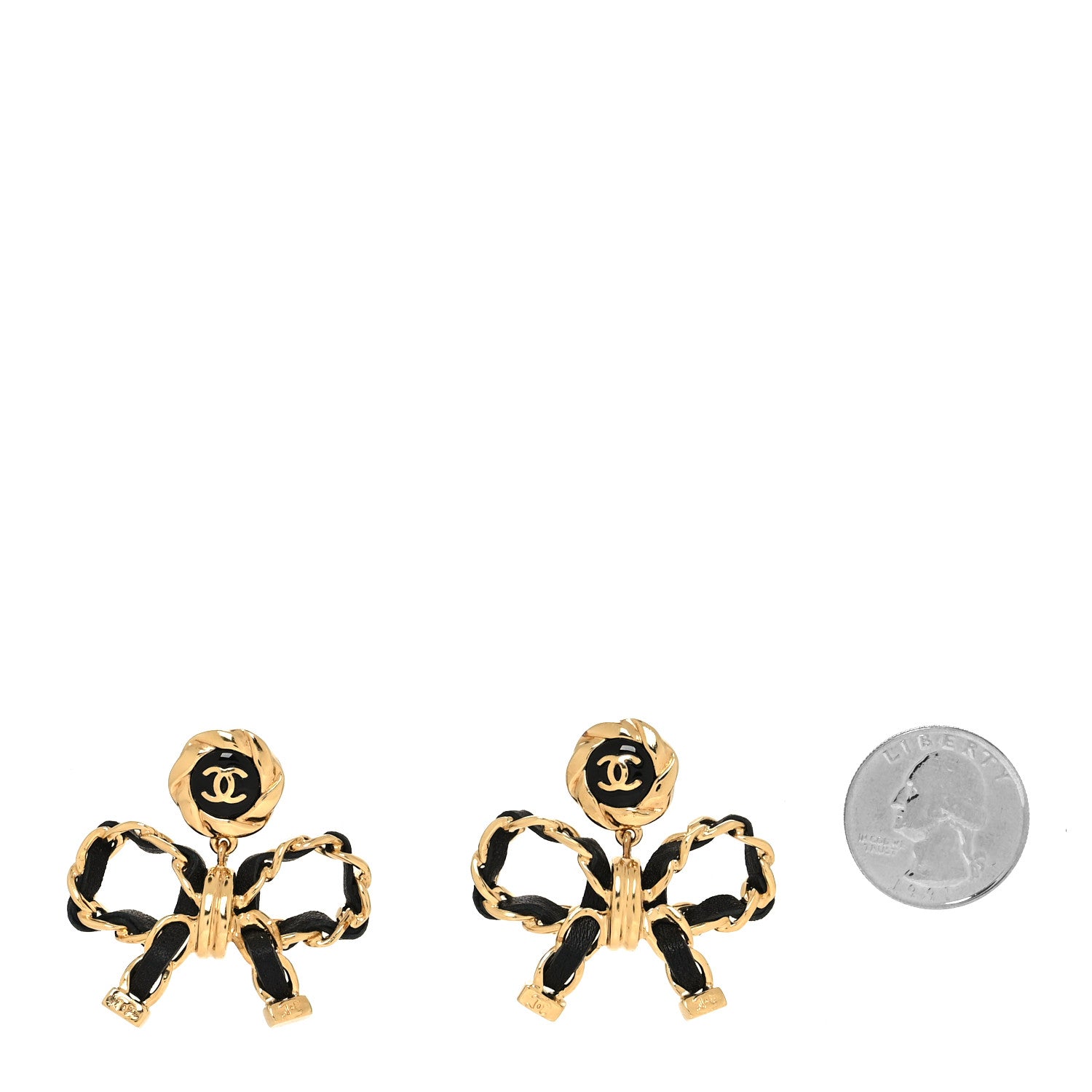 Chanel Lambskin Chain Bow Drop Earrings Black Gold 2 of 4