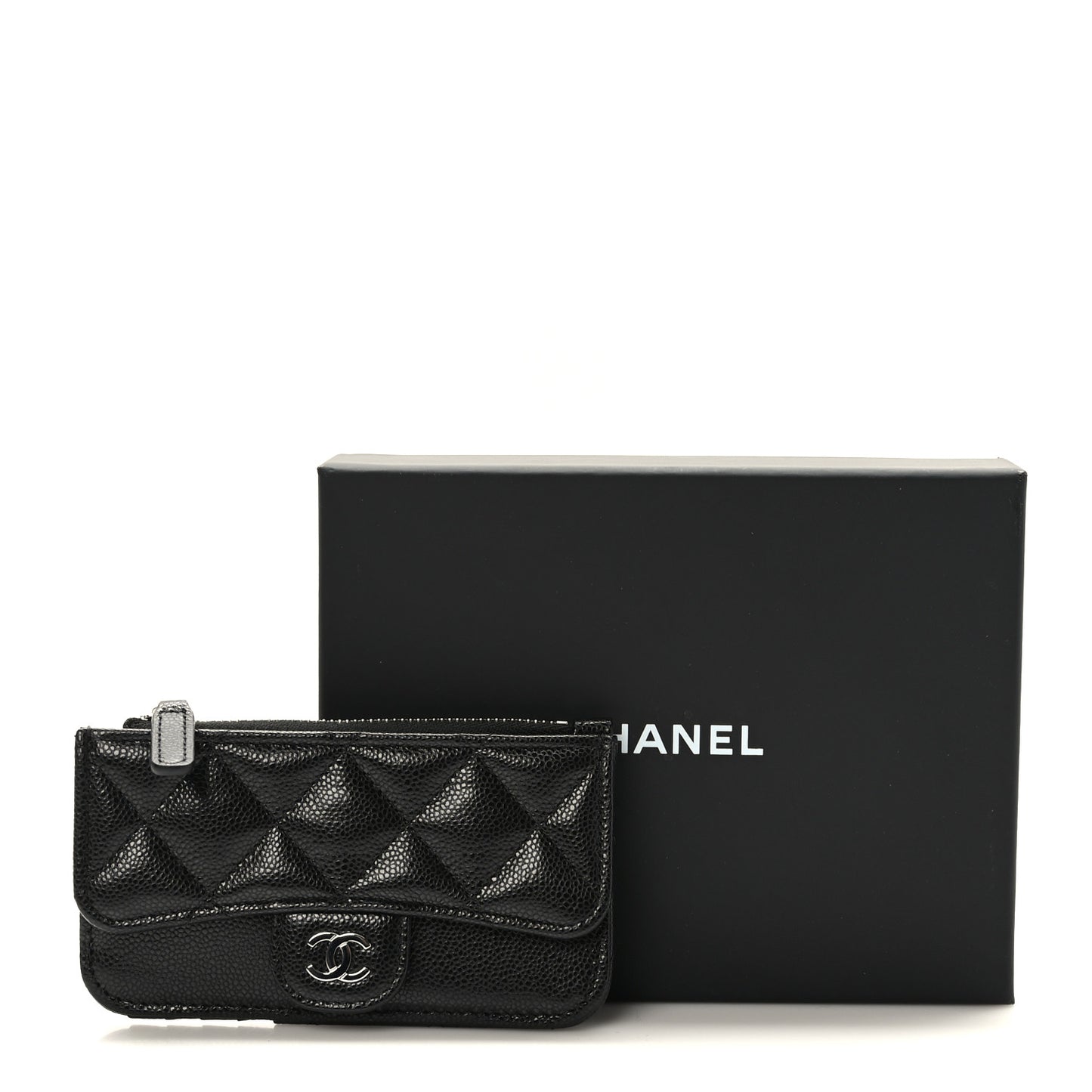 Caviar Quilted Flap Zip Card Holder Black