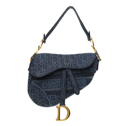 Christian Dior Oblique Embroidered Saddle Bag Denim Blue 1 of 10