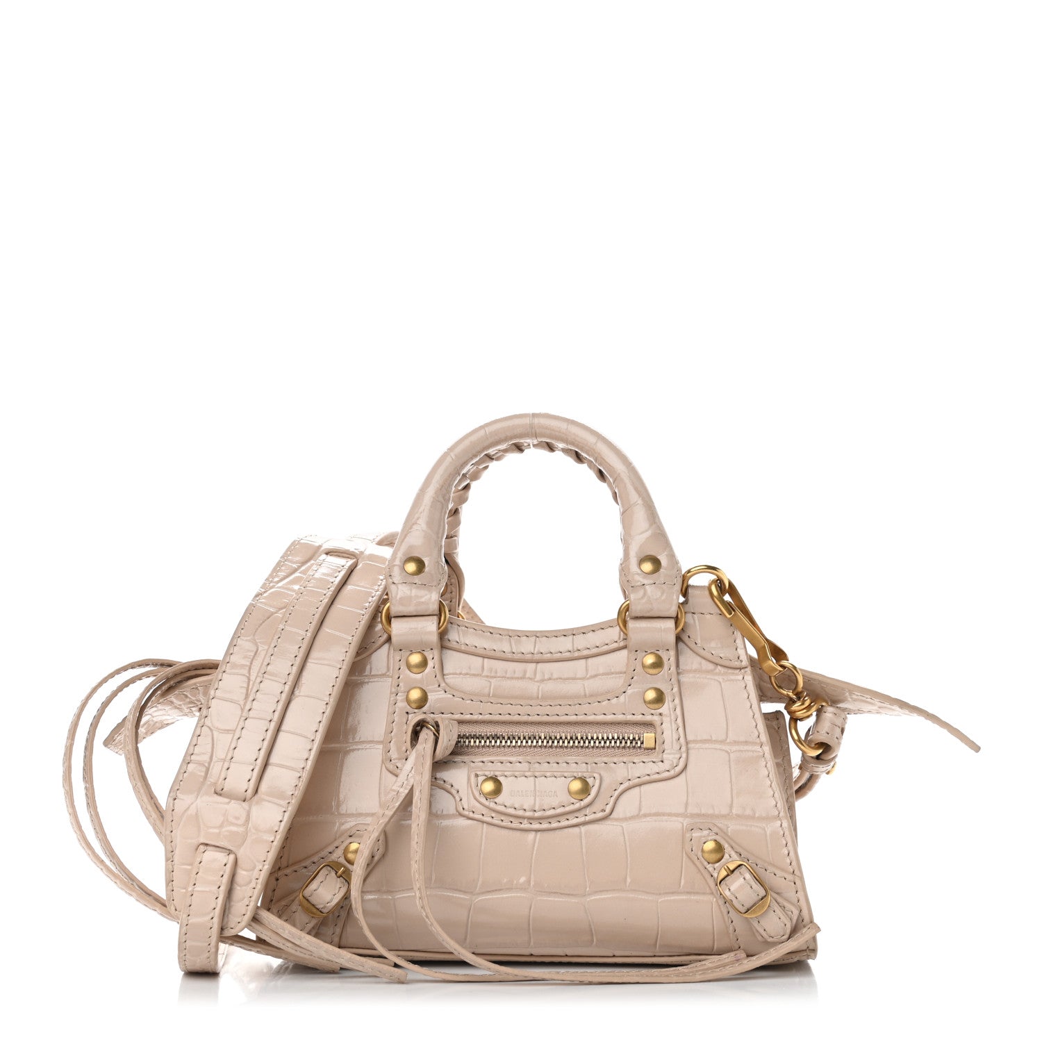 Balenciaga Shiny Supple Calfskin Crocodile Embossed Neo Classic Gold Hardware Nano City Crossbody Light Beige 1 of 6