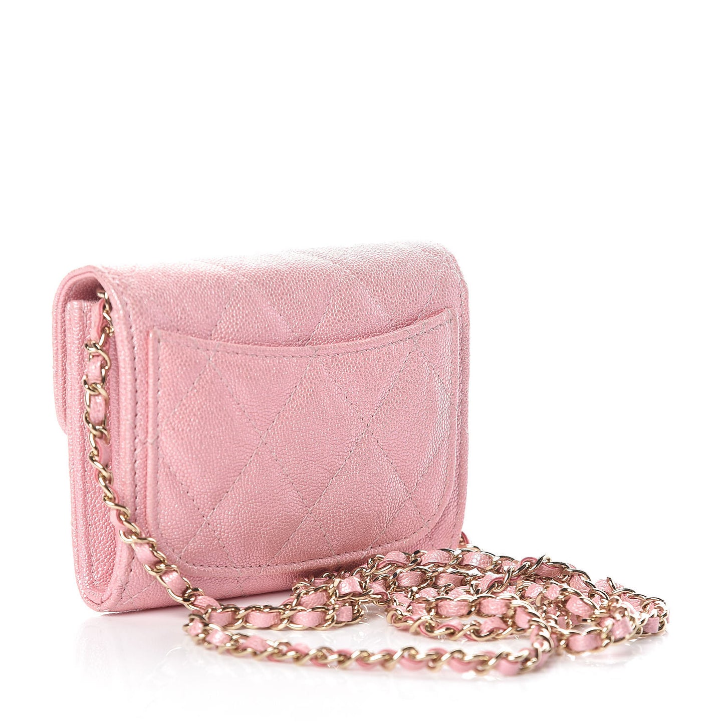 Iridescent Caviar Quilted Flap Card Holder On Chain Pink