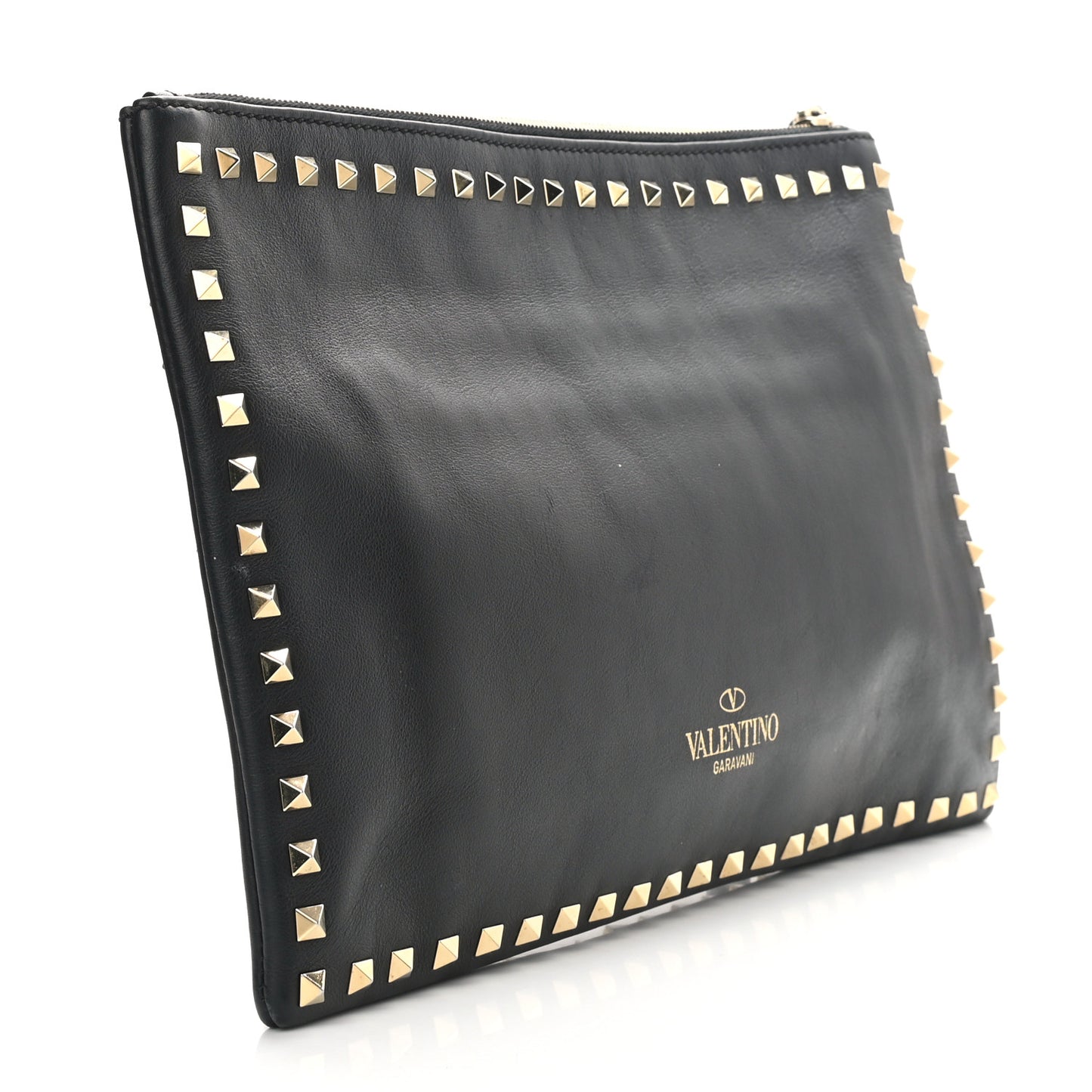 Vitello Large Rockstud Zip Wristlet Pouch Black