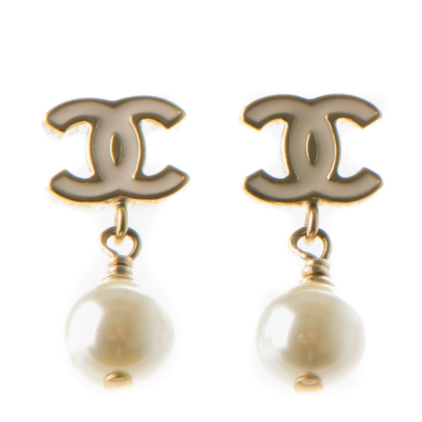Enamel CC Pearl Dangle Earrings Gold White