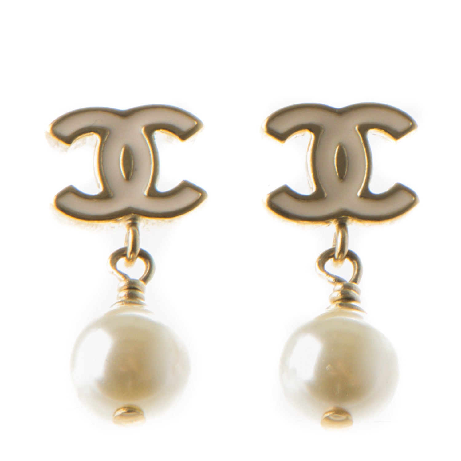 Chanel Enamel CC Pearl Dangle Earrings Gold White 1 of 5
