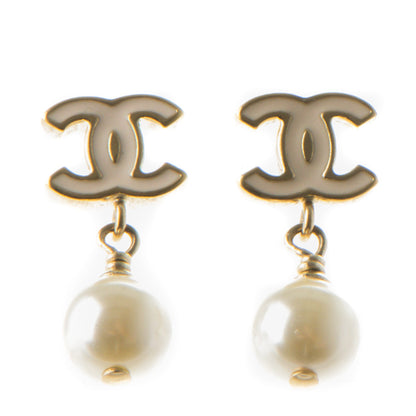 Chanel Enamel CC Pearl Dangle Earrings Gold White 1 of 5
