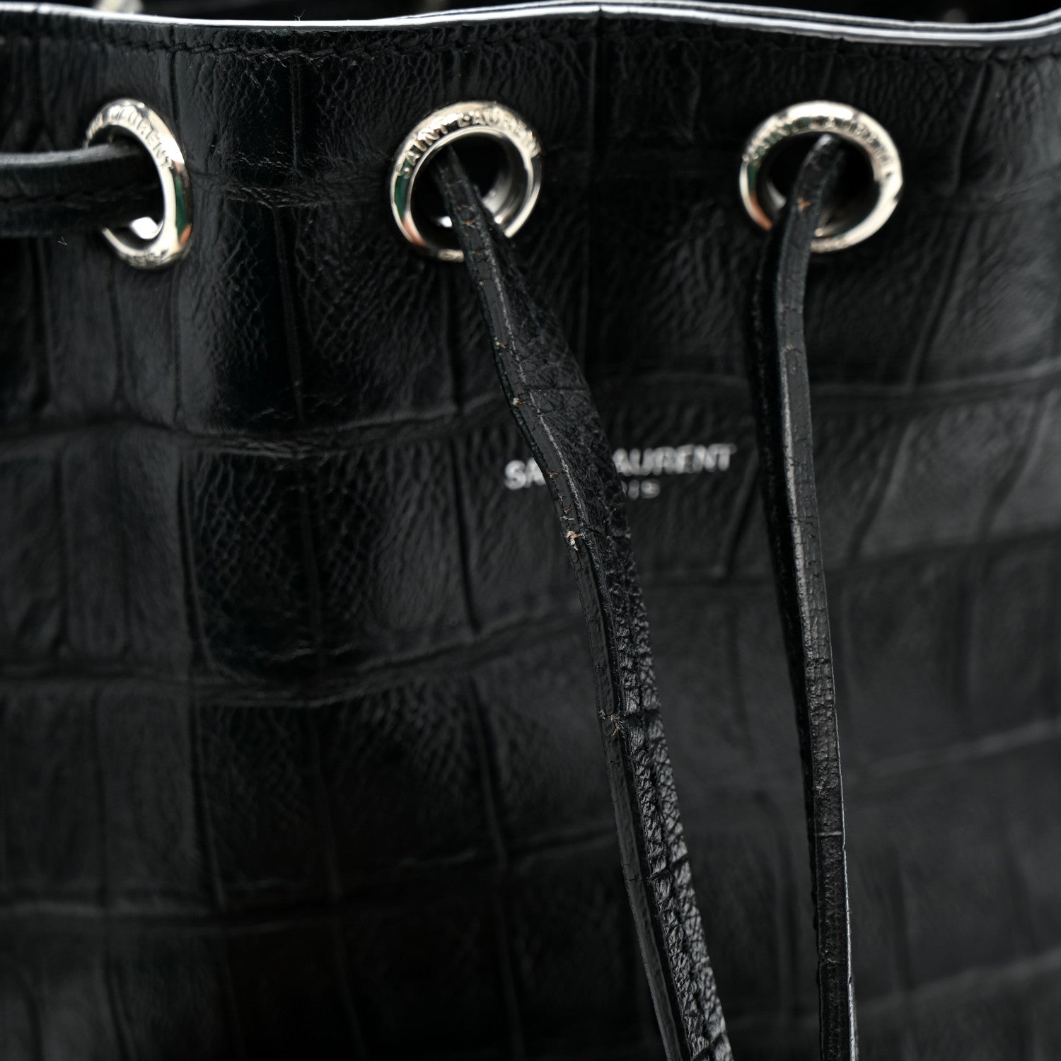 Saint Laurent Calfskin Crocodile Embossed Small Emmanuelle Bucket Bag Black 11 of 12