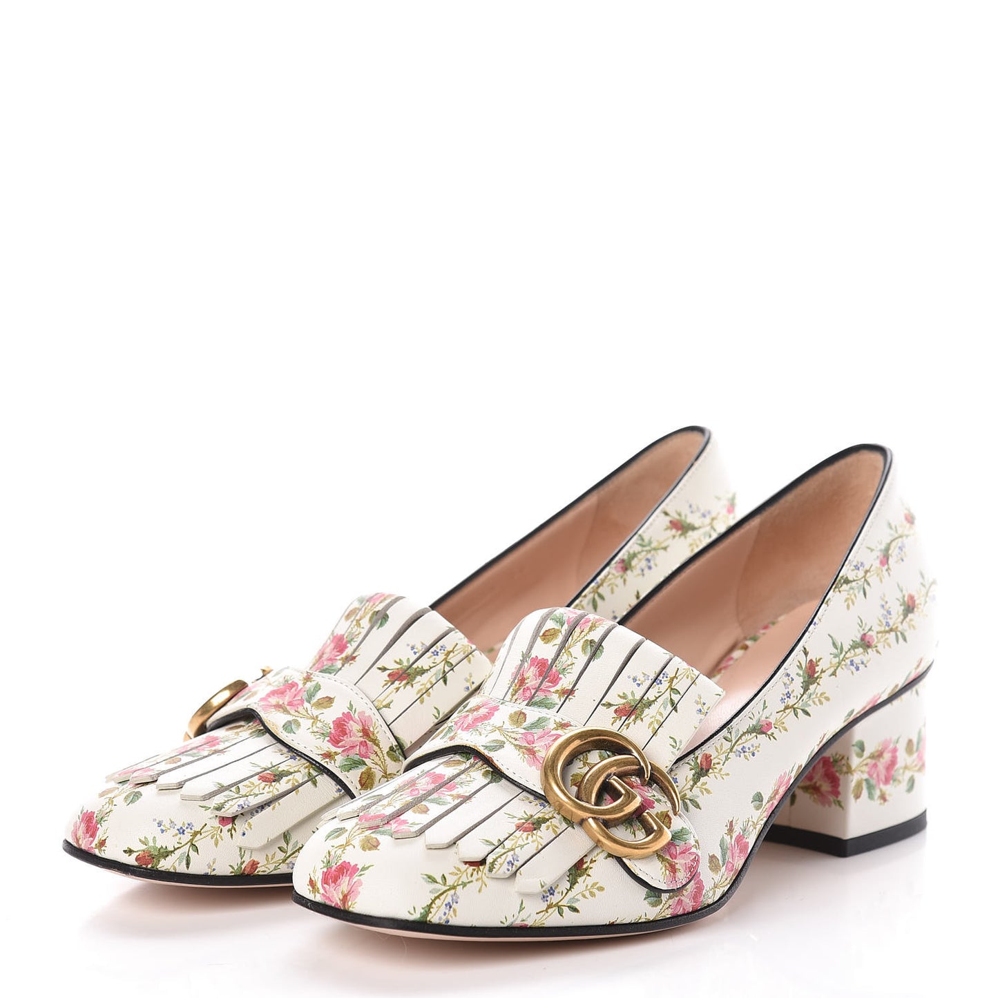 Calfskin Rose Print GG Marmont Fringe 50mm Loafer Pumps 36 Multicolor
