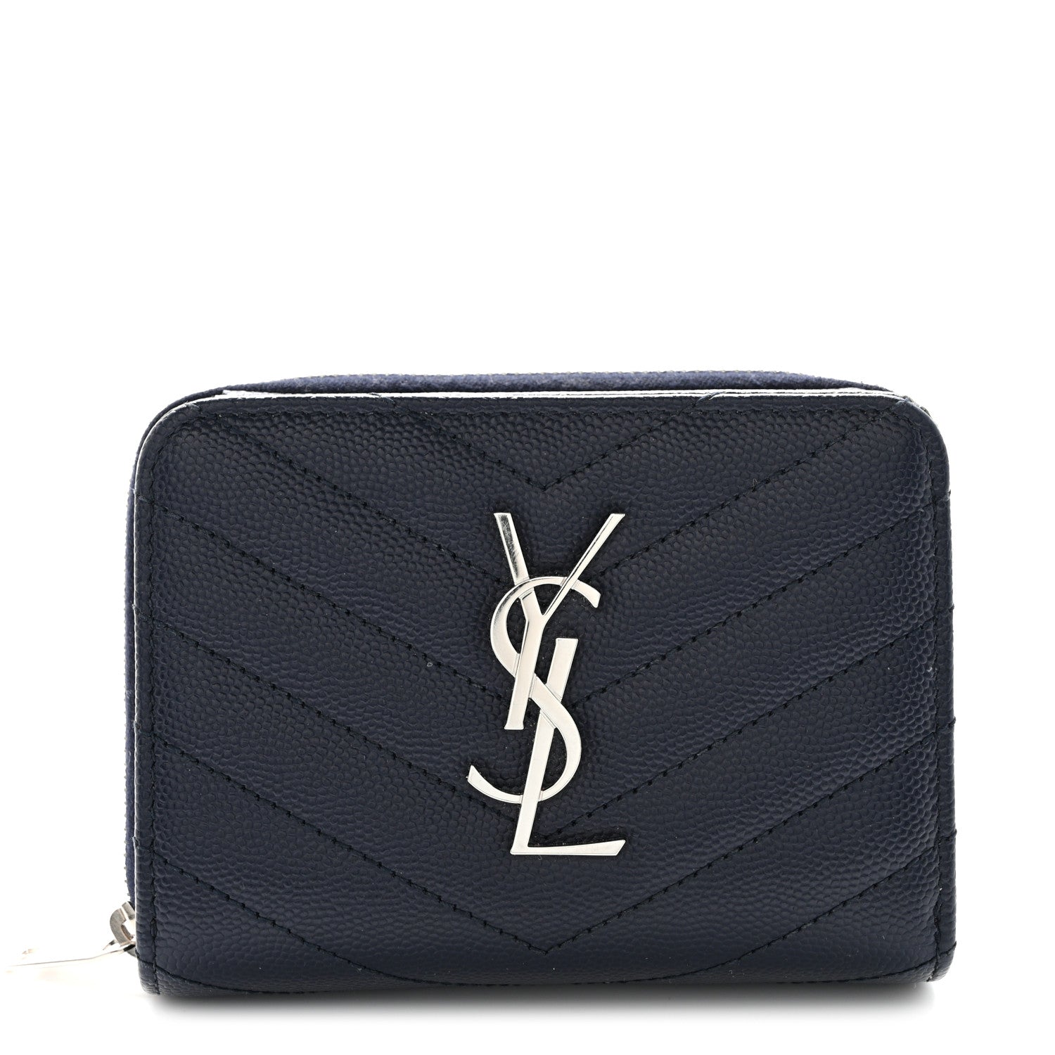 Saint Laurent Grain De Poudre Matelasse Chevron Monogram Compact Zip Around Wallet Deep Marine 1 of 7