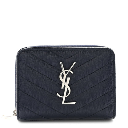 Saint Laurent Grain De Poudre Matelasse Chevron Monogram Compact Zip Around Wallet Deep Marine 1 of 7