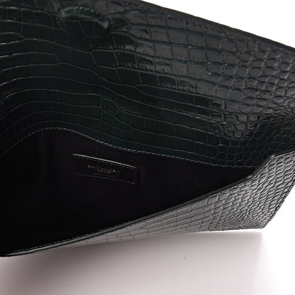Saint Laurent Calfskin Crocodile Embossed Uptown Monogram Clutch Dark Green 5 of 7