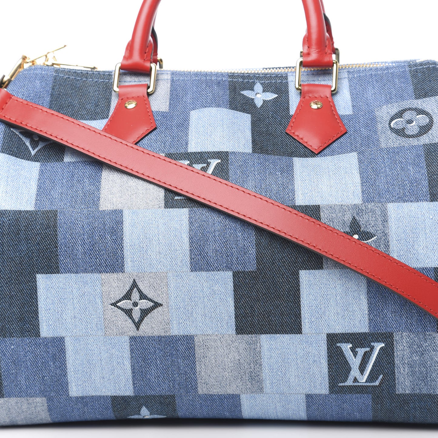 Denim Damier Monogram Patchwork Speedy Bandouliere 30 Blue Rouge
