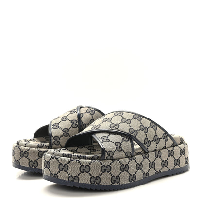 Gucci Monogram Criss Cross Platform Slide Sandals 38 Beige Blue 3 of 7