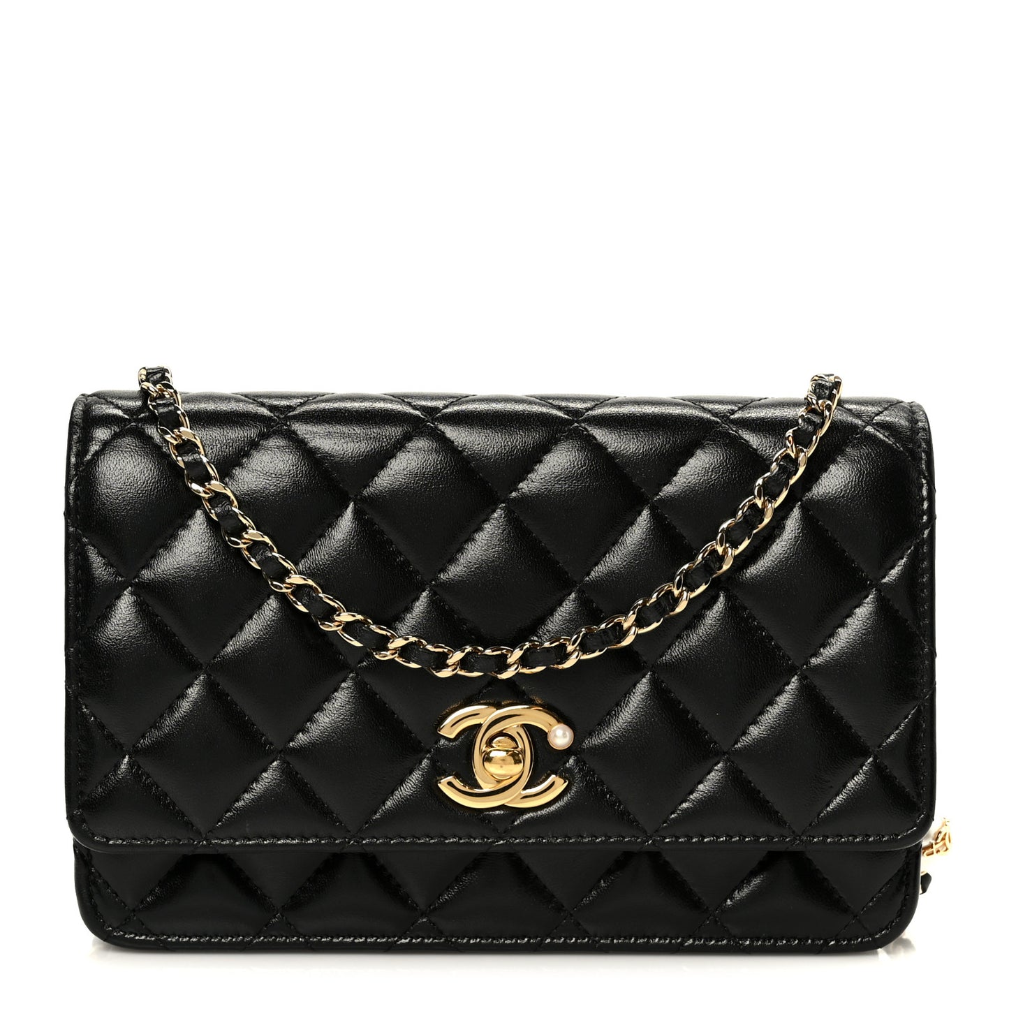 Shiny Lambskin Quilted CC Pearl Wallet on Chain WOC Black