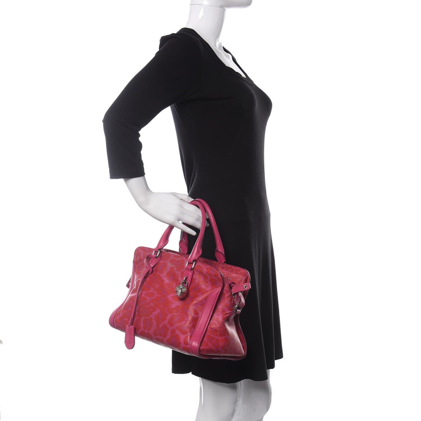 Calfskin Leopard Print Small Skull Padlock Zip Around Tote Pink