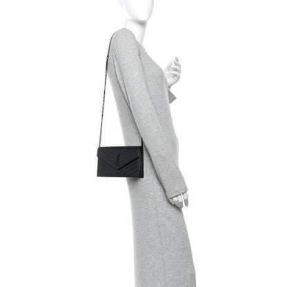 Saint Laurent Grain De Poudre Matelasse Chevron Monogram Monochrome Envelope Chain Wallet Black 2 of 11
